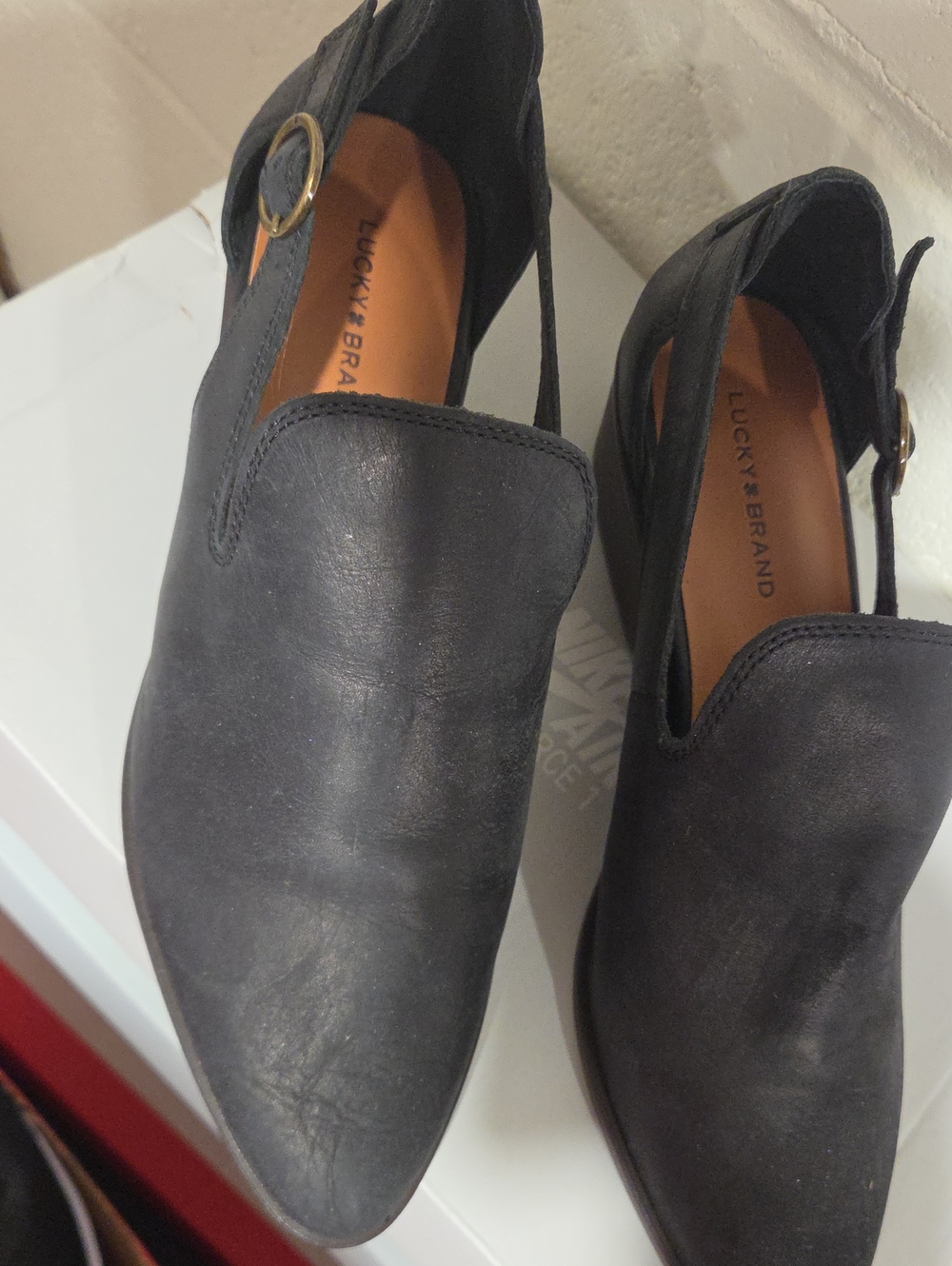 Lucky Brand Black Slip-On Leather Loafers with Buckle Accent